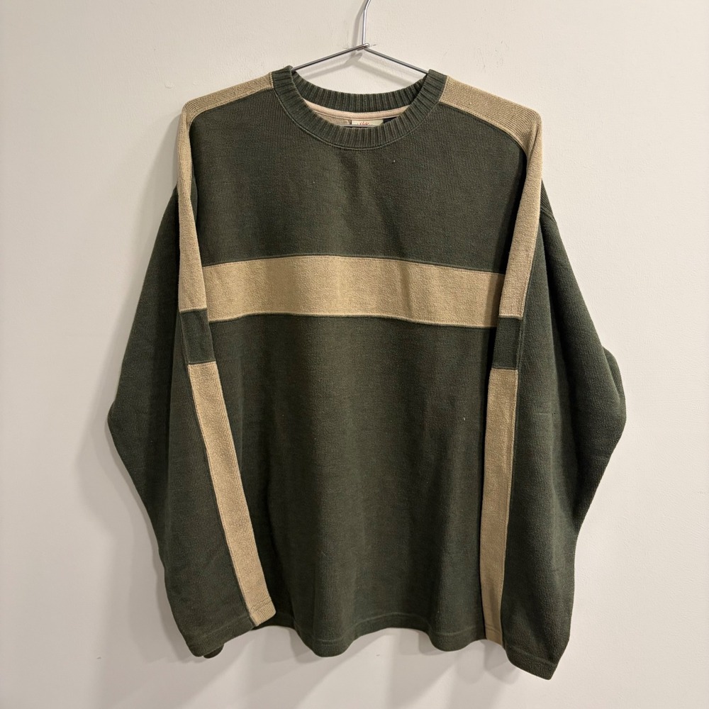 Plug Co Vintage Mens Large Green Tan Striped Knit Sweater Pullover Y2K